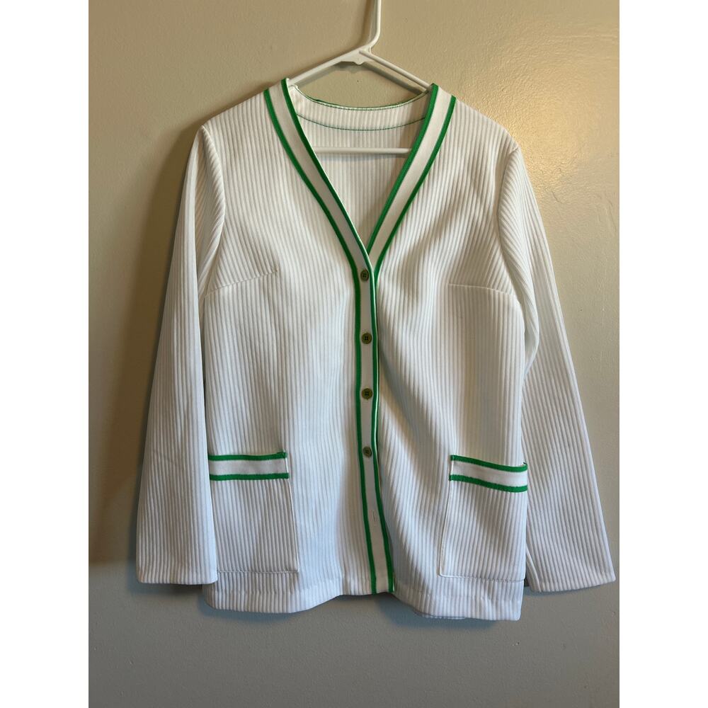 Vintage White Cardigan Green Trim Preppy Sweater Button Front Retro Cardigan